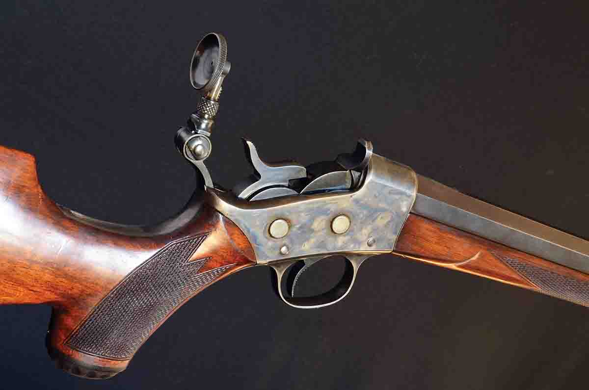 This high-grade Remington rolling block chambered in .32-20 was built on the small rolling-block pistol action. The aperture sight is both ingenious and beautifully made.